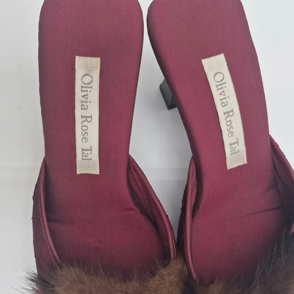 Olivia Rose Tal Italy Burgundy Satin Fur Trim Floral Embroidered Mules Heels 9